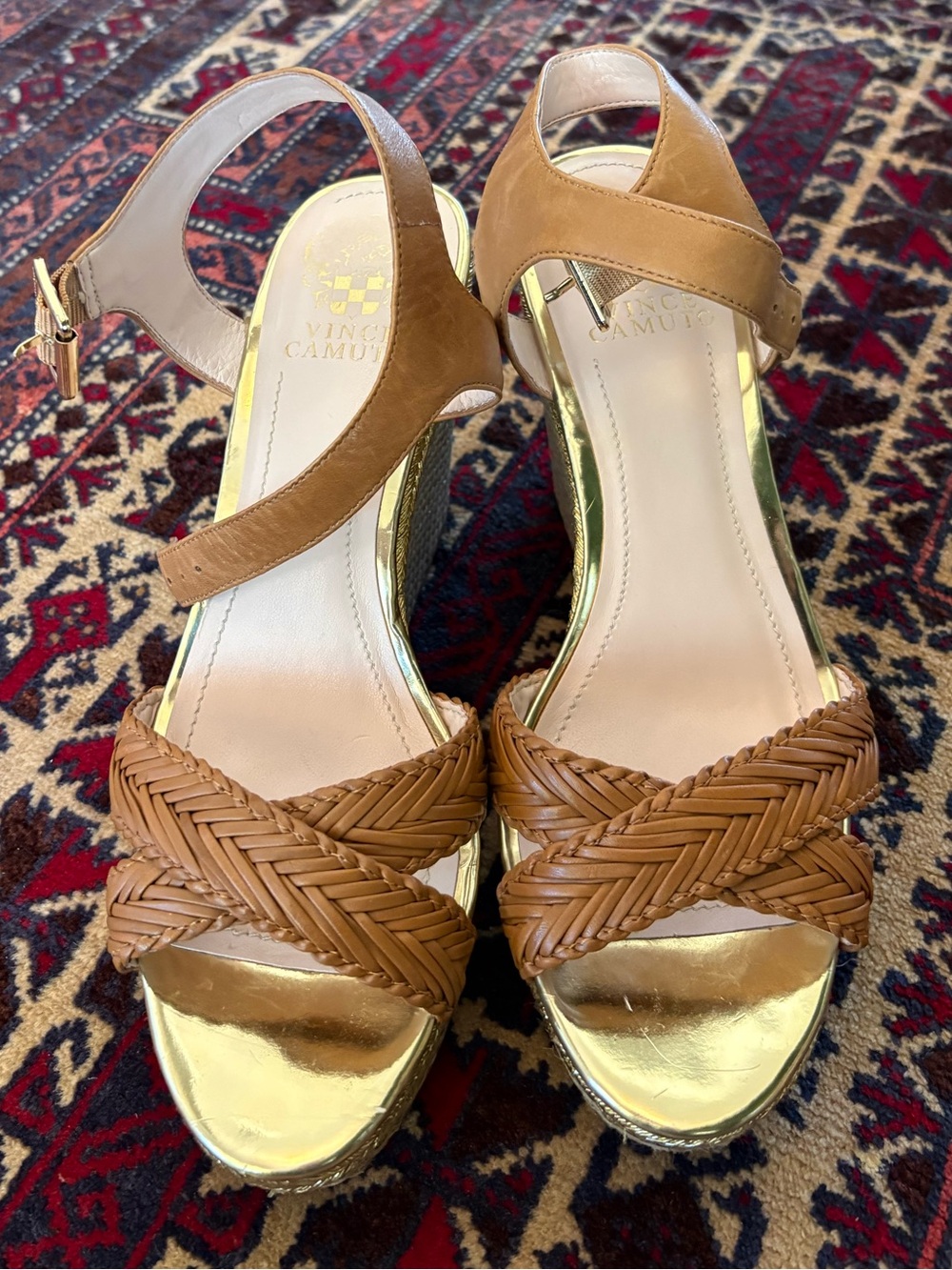Vince Camuto Braided Tan Leather Wedge Sandals with Gold Platform